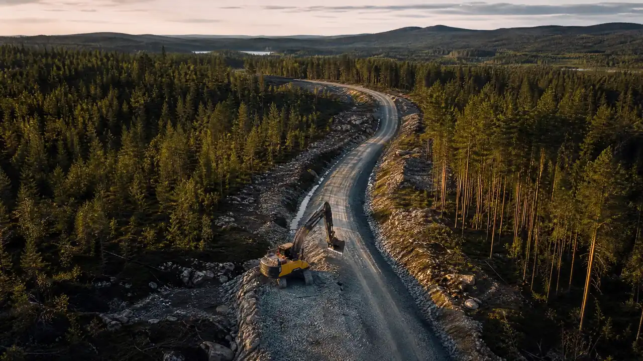 Nyanlagd grusväg genom skogslandskap i Hälsingland