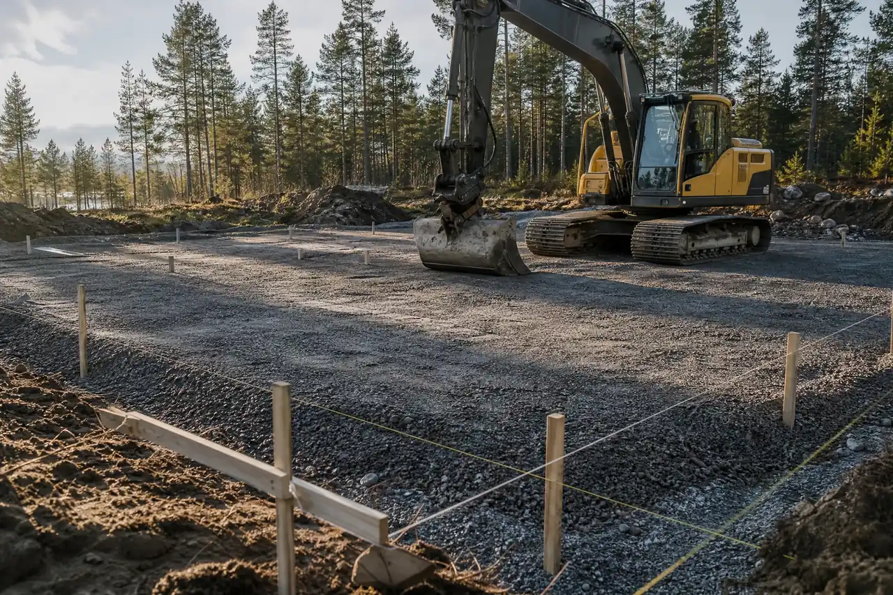 Markarbeten med grävmaskin för husgrund och tomtplanering