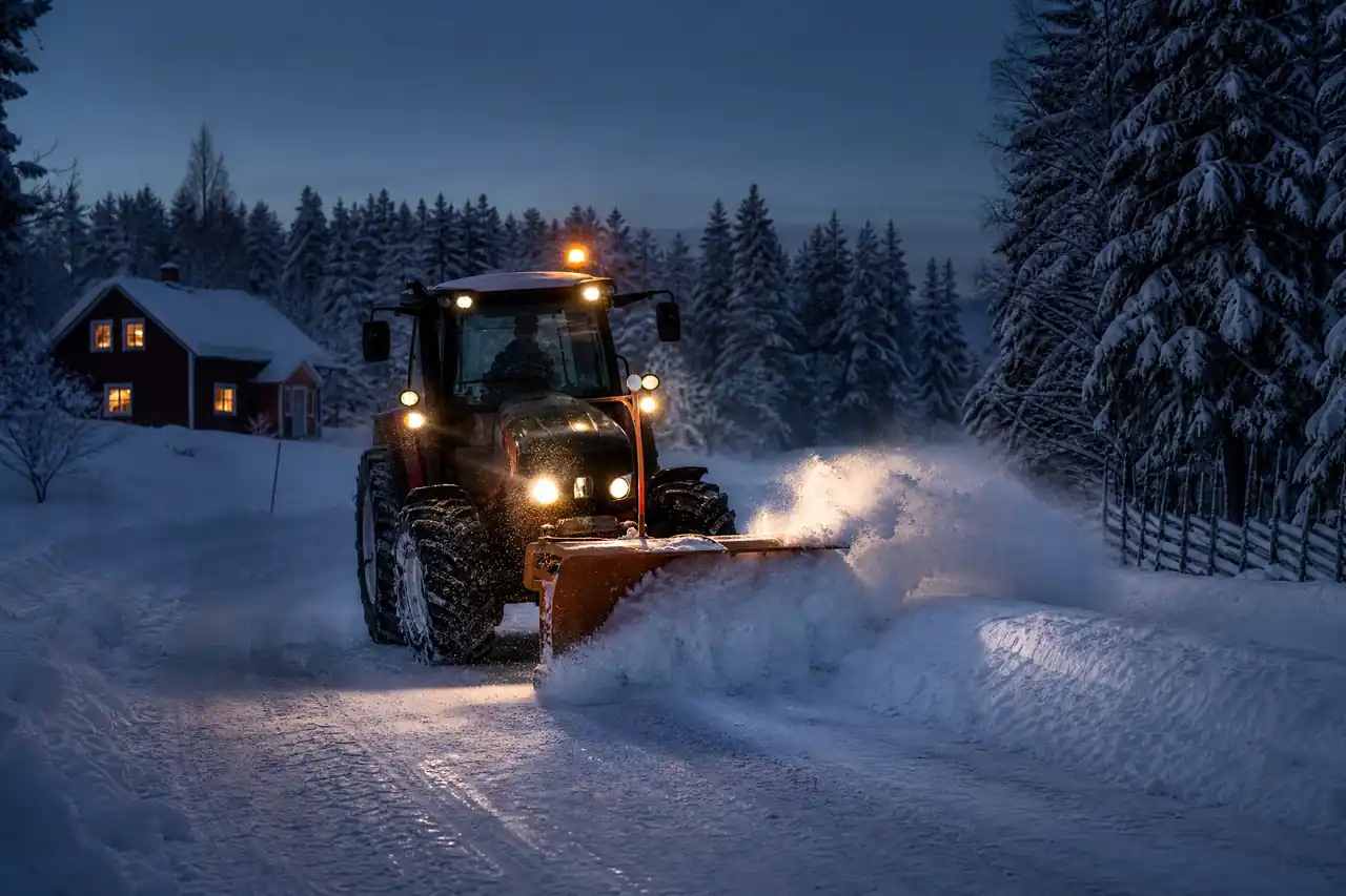Traktor med plog som snöröjer väg i norra Ljusdals kommun