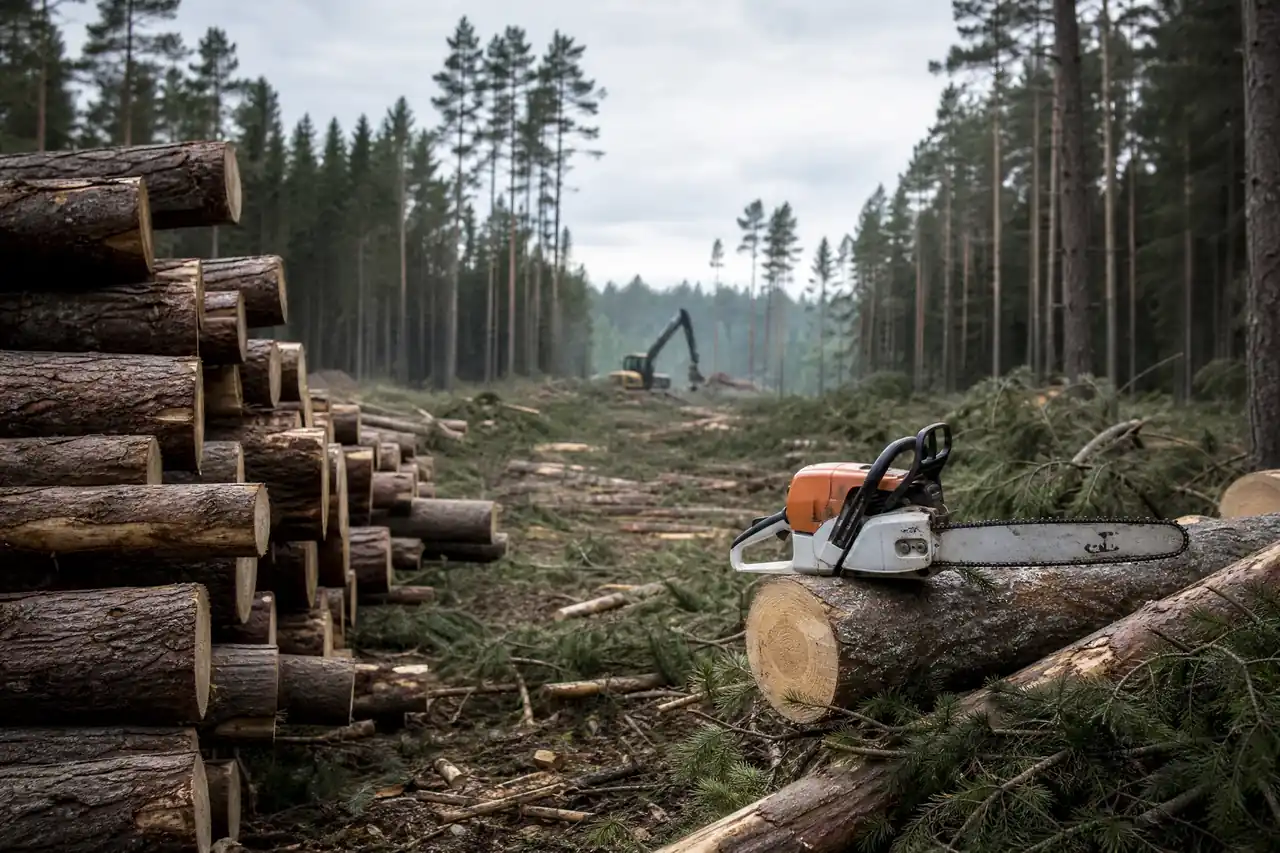 Trädfällning med maskinstöd nära byggnad