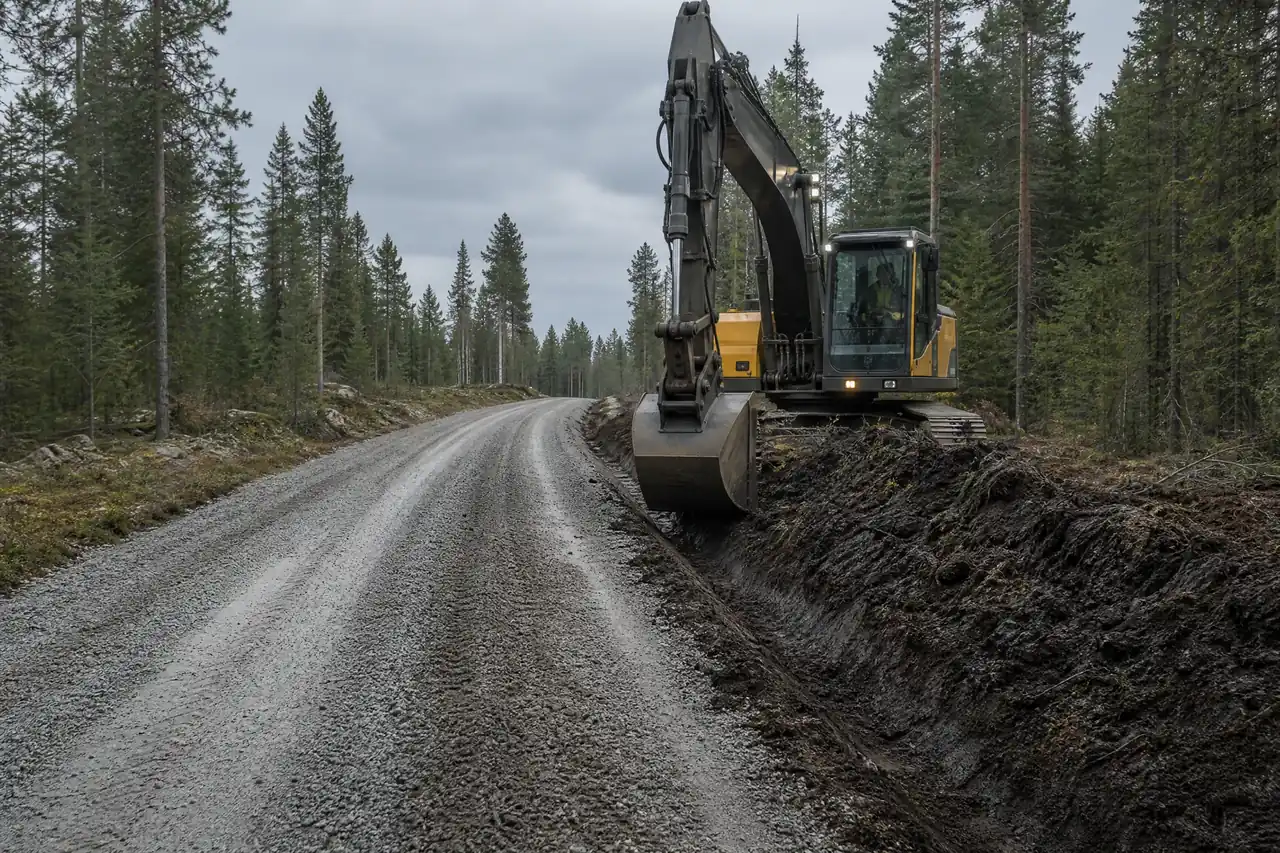 Dikesrensning utmed grusväg med grävmaskin